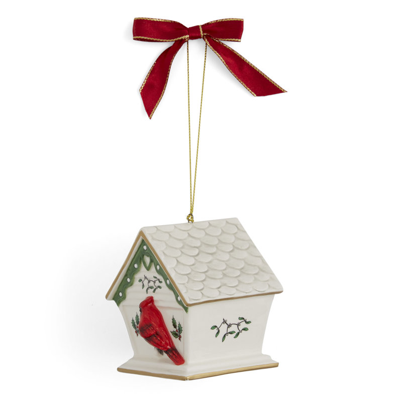 Elegant White and Red Porcelain Birdhouse Christmas Ornament