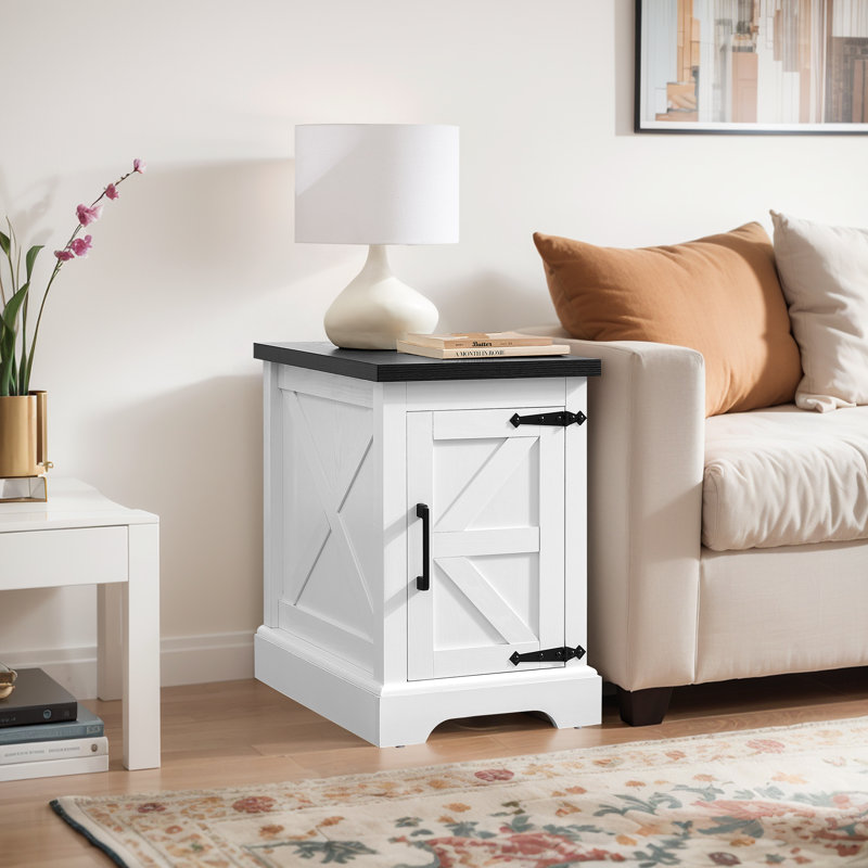 Farmhouse end table Nightstand Rectangular Farmhouse End Table with Barn Door and Adjustable Storage Shelf, Rustic Sofa Side Table for Living Room, Bedroom, White