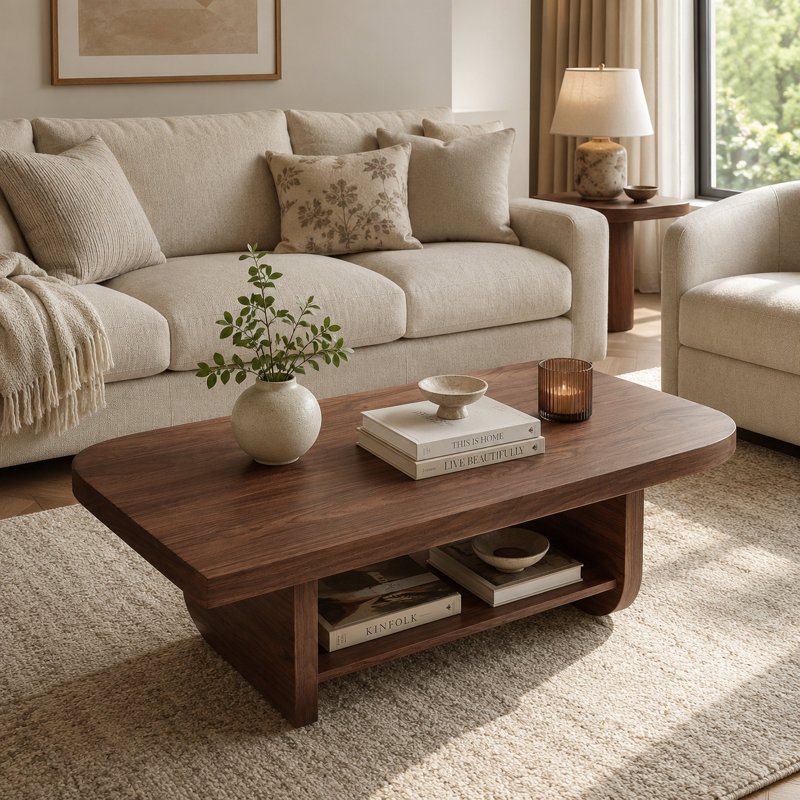 Table basse de 47,34 pouces en forme d'éventail avec placage de noyer et une tablette de rangement inférieure; une table basse de style maison de campagne médiévale pour le salon.
