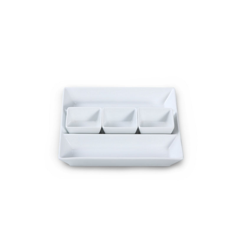 4 Piece Porcelain Chip and Dip Tray Set in White