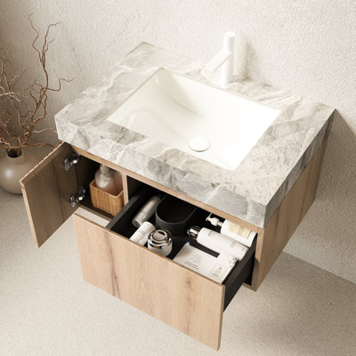 Lavabo de salle de bain flottant 30 po, comptoir en pierre frittée grise, lavabo en céramique avec trou de robinet pré-percé, armoire en contreplaqué, finition chêne blanc, tiroir à fermeture en douceur et lavabo