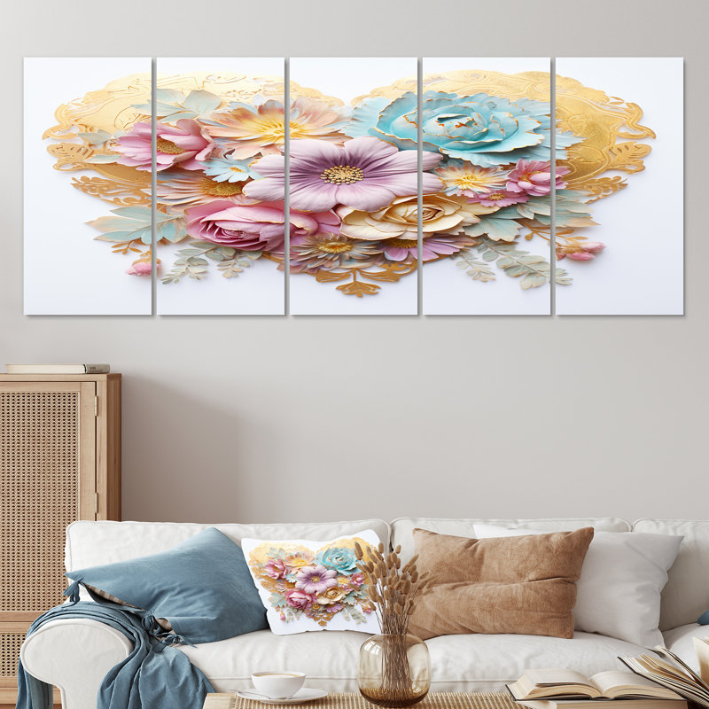 Ensemble de 5 décorations murales abstraites à motif de fleur mauve pastel doré, H 32 po x l 80 po