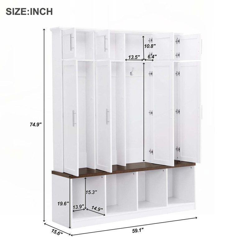 Hall Tree with 4 Hanging Hooks, Wood Grain Bench with Multiple Storage Space, White