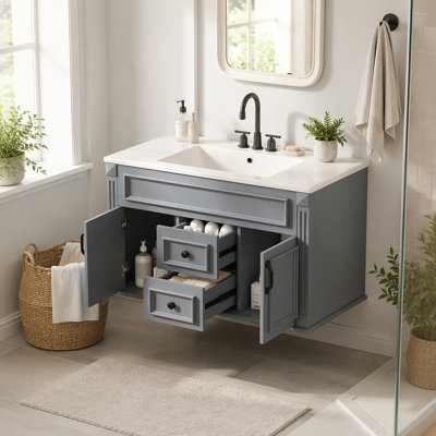 Meuble-lavabo mural 36 po avec lavabo et tiroirs en céramique, meuble-lavabo simple de style français avec charnières à fermeture douce