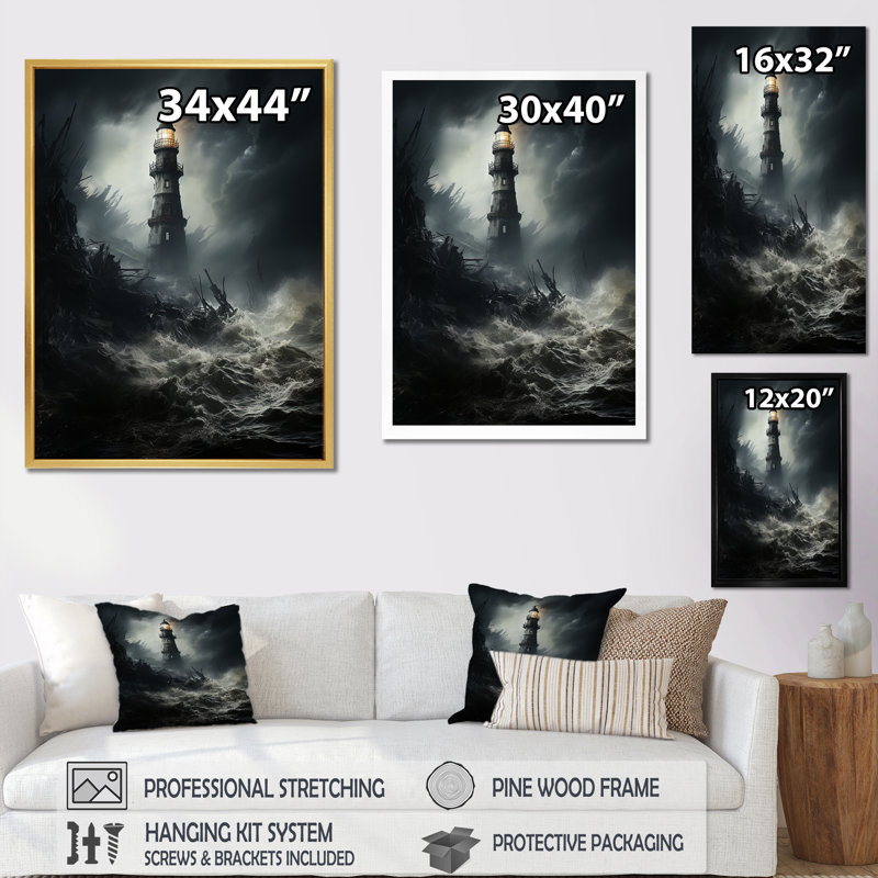Phare battant contre les vagues orageuses - Art mural encadré, Cadre doré simple, H 44 po x l 34 po x P 1,5 po