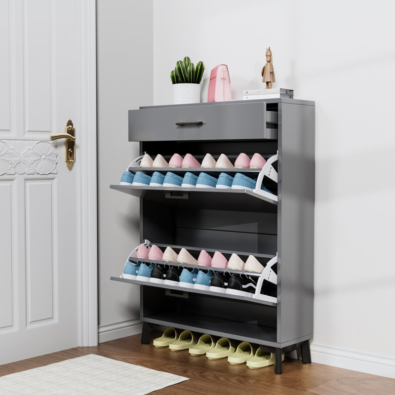 Range-chaussures pour porte - 2 tiroirs rabattables, gris, peu encombrants, vestibule et efficace, Gris
