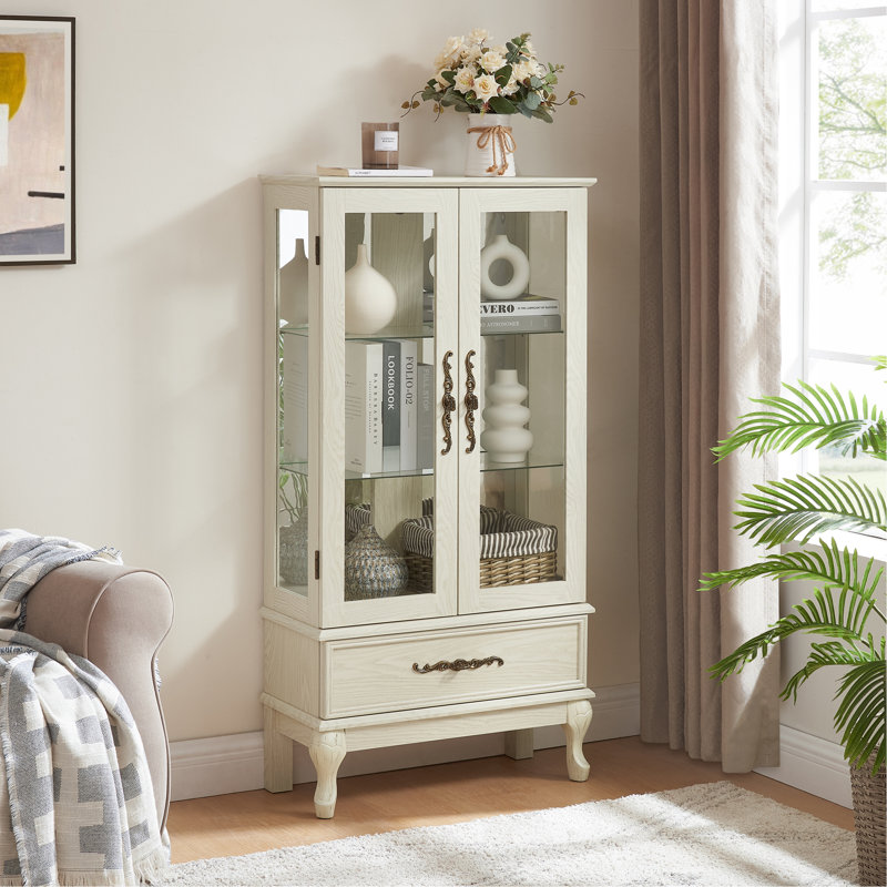 Armoire vitrine vitrée avec tablettes réglables en verre 2 portes et 1 tiroir armoire avec ampoule incluse, Blanc antique