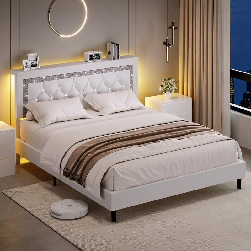Alber Bed Frame with Storage Headboard, Upholstered Platform Bed Frame with Diamond Tufted Headboard and LED Lights, Wooden Slats Support, Noise Free