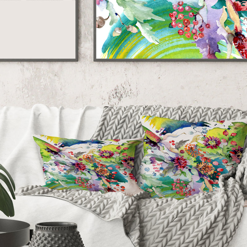 Housse et insert de coussin Vibrant Wild Leaves and Wildflowers, 16" x 16"