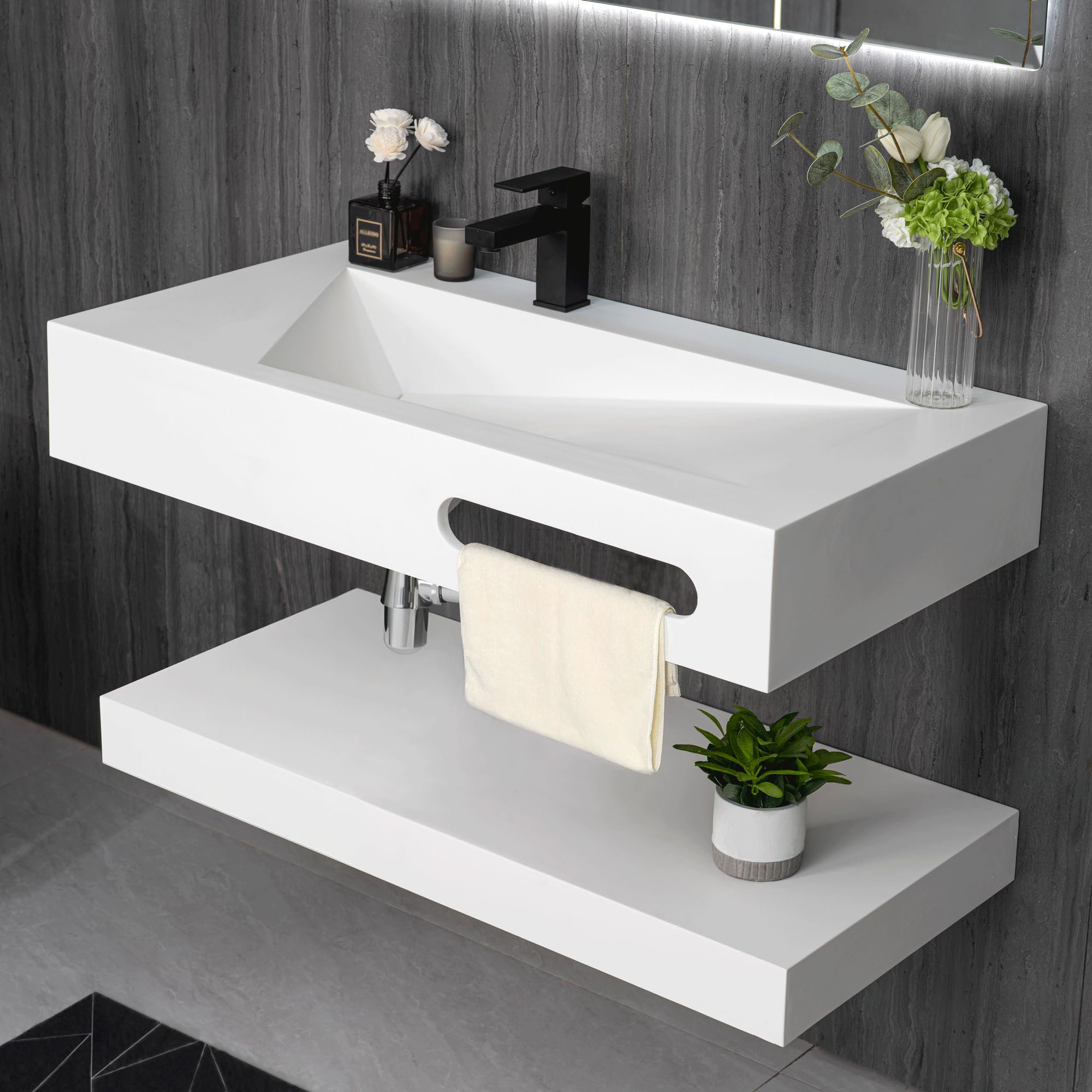 GESIPOR 40" x 19” Double layers Floating Vanity Stone Resin Bathroom