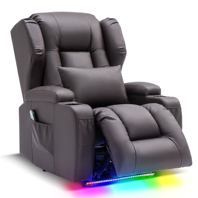 Henrick Faux Leather Power Recliner Chair with LED light and Massage Functions, Black Faux Leather