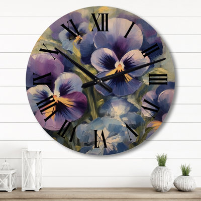 Horloge murale surdimensionnée en bois mauve jaune Natures Pansies II