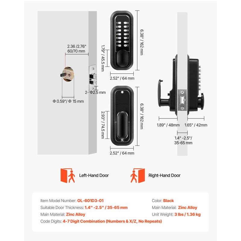 Mechanical Keyless Entry Door Lock, 2.0 Code Upgrade, 4-7 Digits Code, Single-Sided Push Button Combination Mechanical Keypad Door Knob, Auto Locking, Indoor or Outdoor, Black