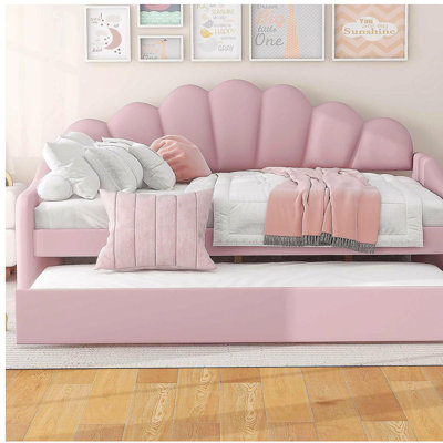 Full Size Upholstery Daybed Frame with Shall Shaped Backrest  and Trundle,Pink