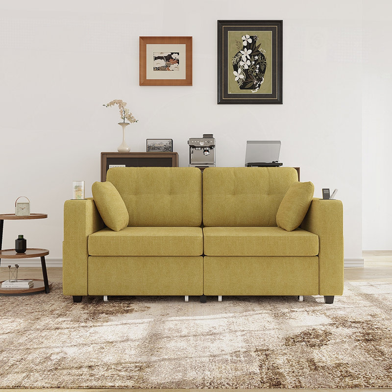 Canapé en chenille moderne avec charge USB, rangement et porte-gobelet pour les petits salons et appartements, Jaune moutarde