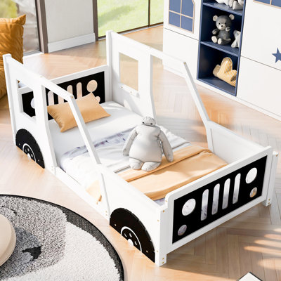 Twin Size Kids Car-Shaped Platform Bed with Wheels – Fun Boys Bed, White