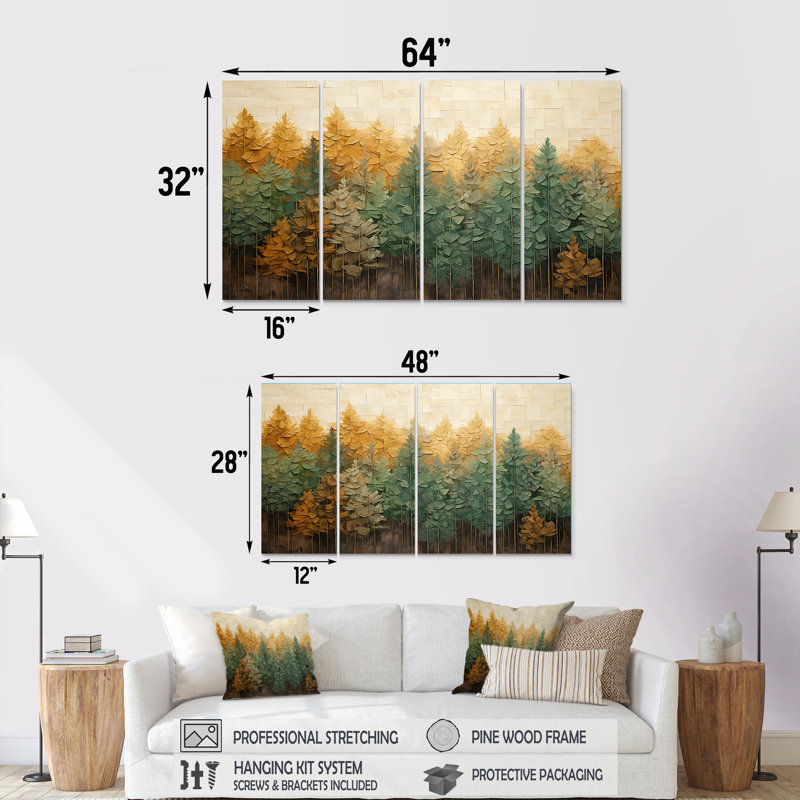 «Green Green Beige Wild Forest Essence II - Tachisme», ensemble de 4 pièces d'art mural, H 28 po x l 48 po