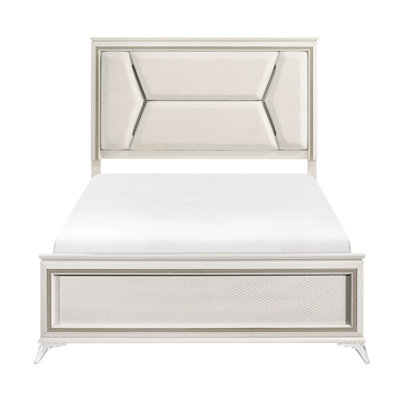 Grand lit moderne avec revêtement en chenille et tête de lit à DEL, qualité or blanc antique, cadre en bois luxueux avec lumières de tête de lit rembourrées, élément