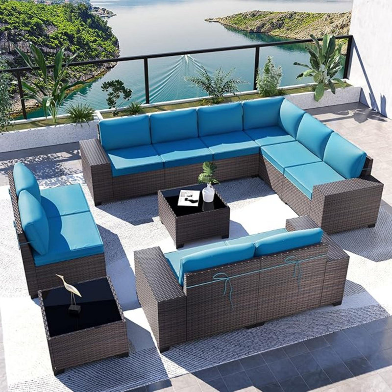Dawes 12-Piece Outdoor Rattan Sectional Set With Cushions And Tempered Glass Table, Teal