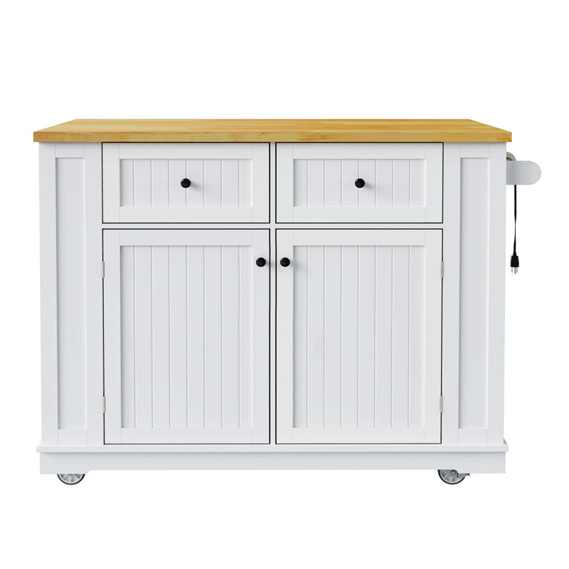 48 Inch Large Kitchen Island With Drop Leaf, Power Outlet, And Spacious Storage For Enhanced Cooking And Organization, White