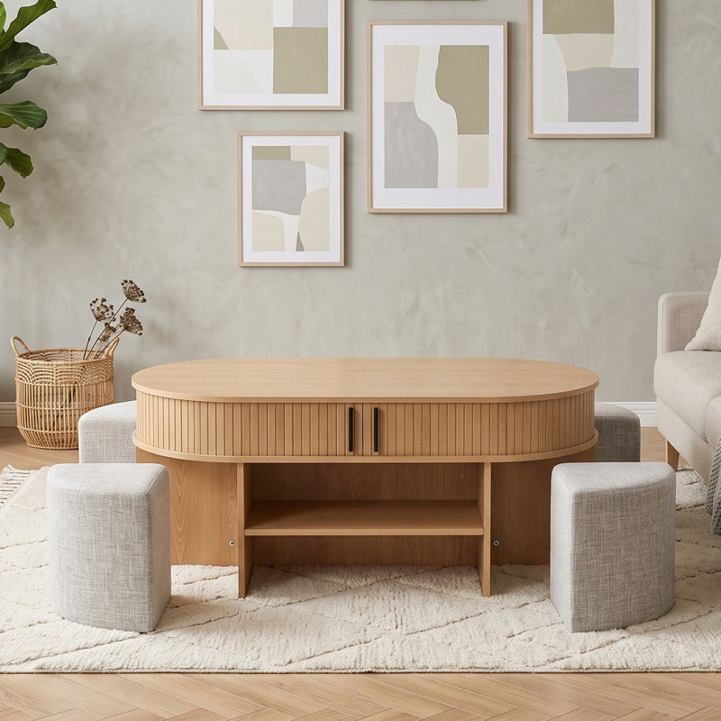 Ensemble de tables basses ovales avec tabourets rembourrés, tables de rangement gigognes avec tablettes ouvertes et armoires cachées