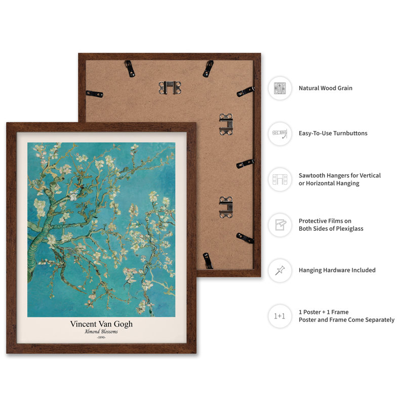Van Gogh - Fleurs d'amandier, Poster, 12"H x 16"W, Brown Framed