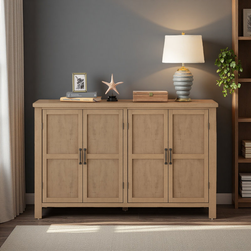 Buffet de rangement à 4 portes avec tablettes réglables et poignées rétro Atimon, rangement spacieux, pieds en pin, pour le salon, le bureau et le vestibule