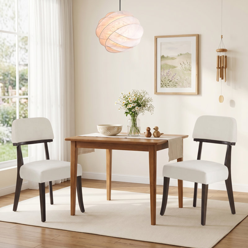Mid-Century Upholstered Solid Wood Side Chair  Set of 2, White