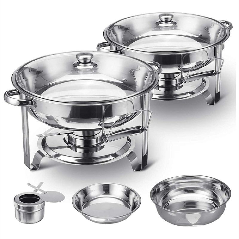Ensemble de 2 chauffe-plats Chafing, ensemble rond 5 pte avec couvercle en verre et porte-couvercle, réchauds en acier inoxydable