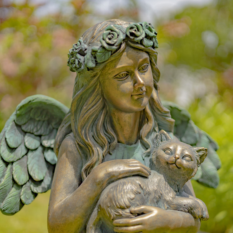 Nicole Angel Holding Kitten Magensium Garden Statue, Bronze/Teal