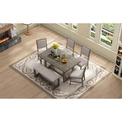 Retro Dining Set,  Rectangular Table With Designed Trestle Base And  Upholstered Chairs And  Bench