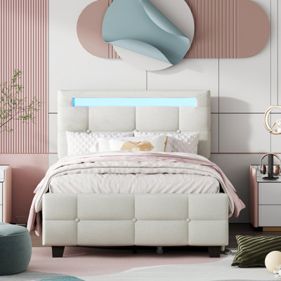 Twin Size Upholstered Bed With Led Frame And Storage In Beige Linen Fabric - Elegant Bedroom Piece Platform 2 Drawers Luxurious Practical For