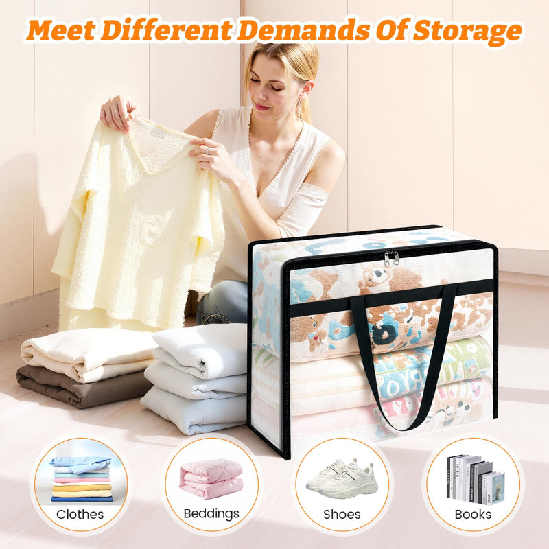 Sacs de déménagement, rangement pour vêtements sous le lit, sacs de rangement pliables avec fermetures éclair robustes et poignées pour couette, linge de lit, livres, draps, contenants transparents, 60 L, ensemble de 4, transparents