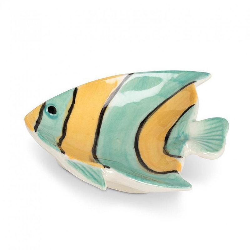 Plat à poisson jaune et turquoise rayé