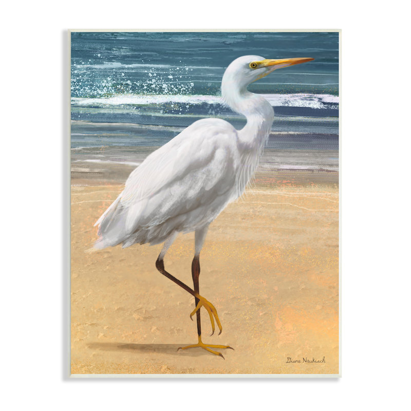 Oiseau héron blanc debout sur la plage, art mural par Diane Neukirch, H 19 po x l 13 po x P 0,5 po