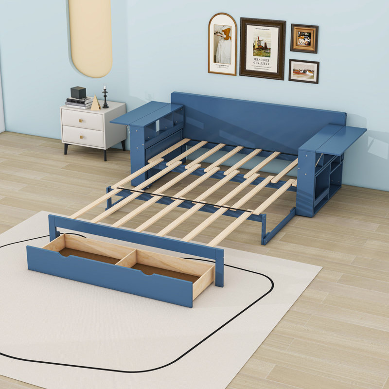 Lit de jour avec bureau amovible, tiroirs et tables d'accoudoirs hydrauliques, Bleu, Complet/Double