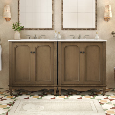 Ensemble de meuble-lavabo double 60 po avec deux lavabos en céramique, finition brun antique et tablettes réglables pour les salles de bain modernes et rétro