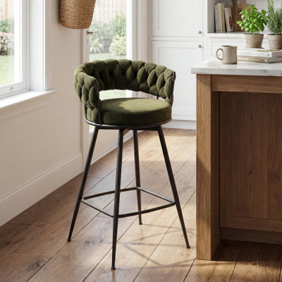 Modern Green Upholstered Bar Stool With Woven Look Backrest & Fixed Black Metal Frame Stable Counter Height Stool For Kitchen Breakfast Bar Or Cafe, Set Of 1