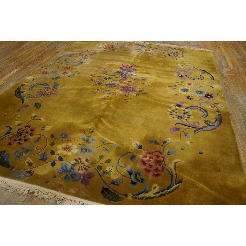 Hand Knotted Pile Wool Rectangle Antique 1920s Yellow / Gold Chinese Art Deco Rug