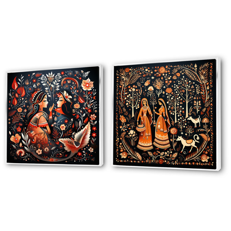 Indian Art Rajasthani Folklore Tales I - Art mural indien ensemble de salon de 2, Cadre flottant blanc