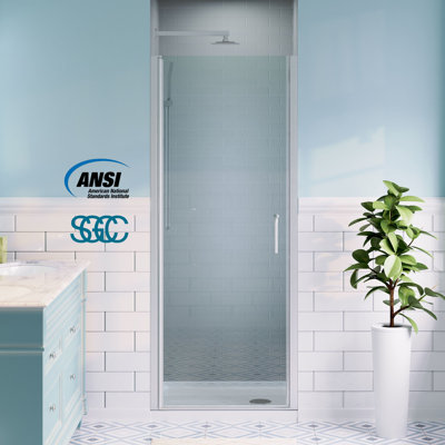 Porte de douche pivotante sans cadre, de 76 à 79,4 cm de largeur x 182,9 cm de hauteur, en nickel brossé avec verre trempé transparent de 6,35 mm.