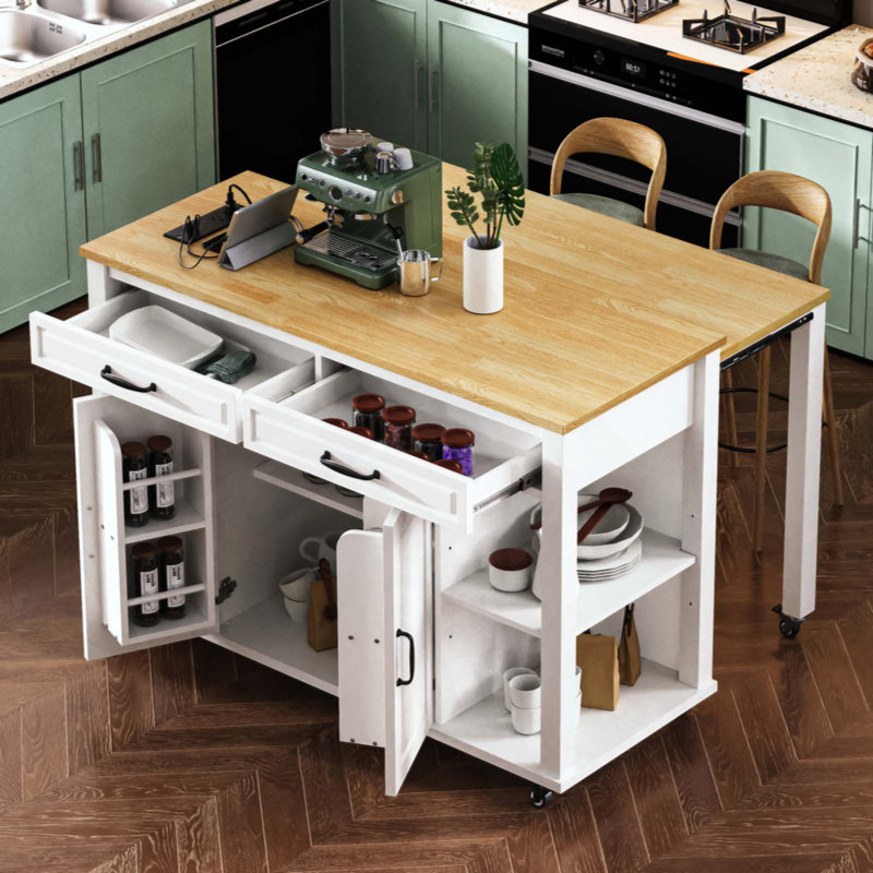 Îlot de cuisine avec table de salle à manger extensible, table de cuisine en placage de bois d'hévéa avec support de rangement interne, prise de courant, îlot de cuisine avec rangement 2 tiroirs et 2 armoires