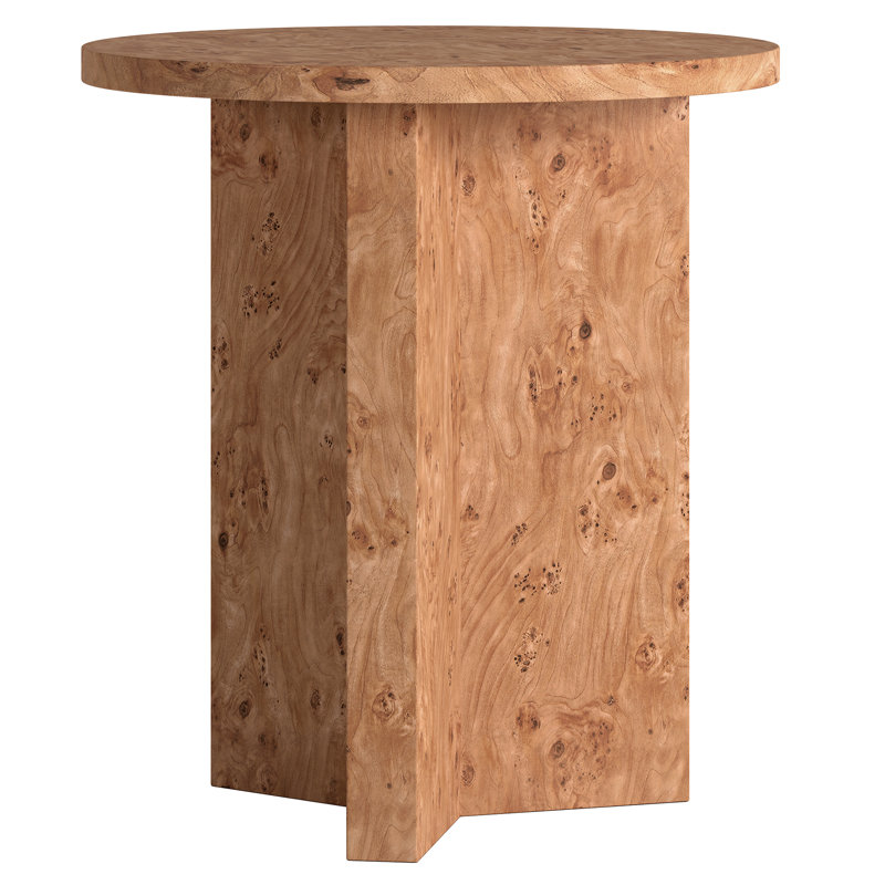 Potbelly Round End Table with Cross Base, Honey Burl