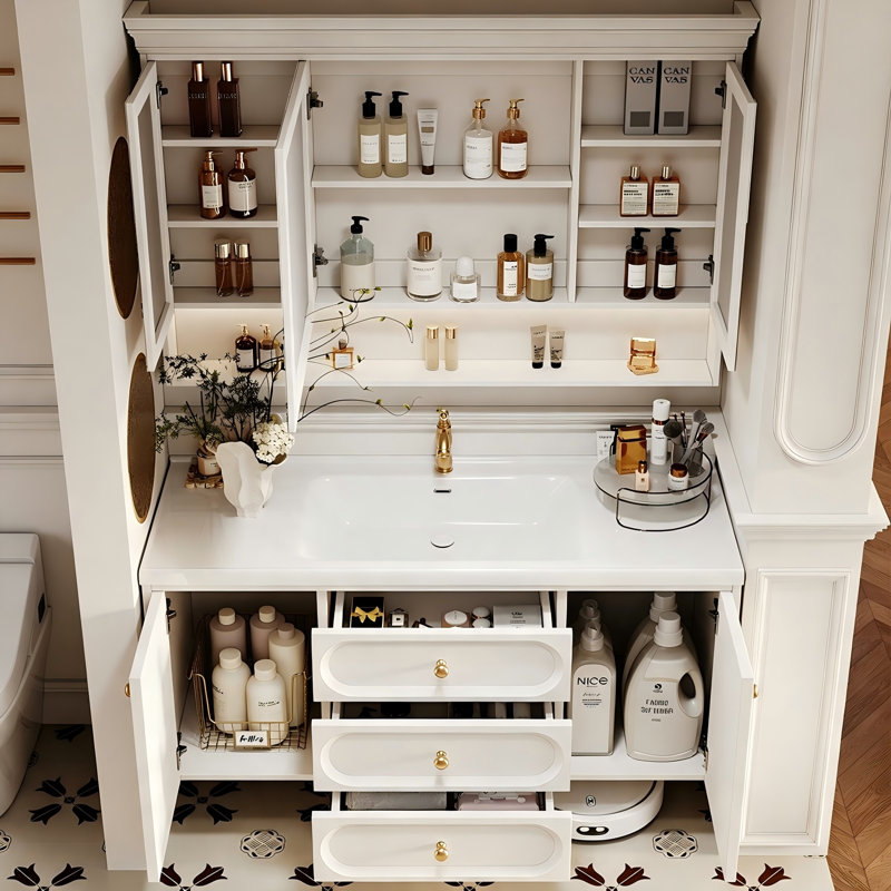 Meuble-lavabo mural moderne en bois d'hévéa crème avec armoire à miroir Smart Modern, H 22,83 po x l 39,37 po x P 19,69 po