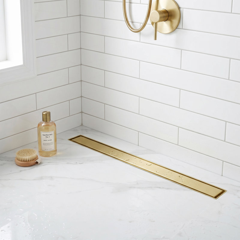 Drain de douche rectangulaire moderne avec insert 2 en 1 et couvercle plat convenant à Bahtroom, Or brossé, 35.43"