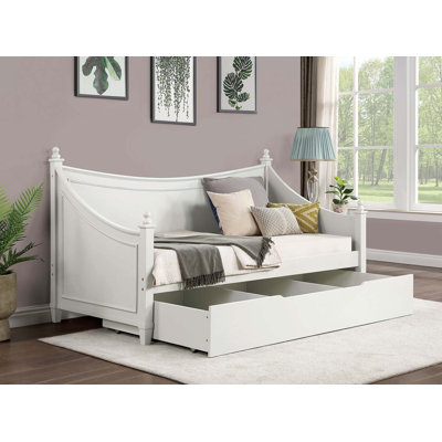 Transitional Style Twin Daybed with Molding Design, White Finish, Mattress Ready, Poster Design with Finials, Solid Wood Structure