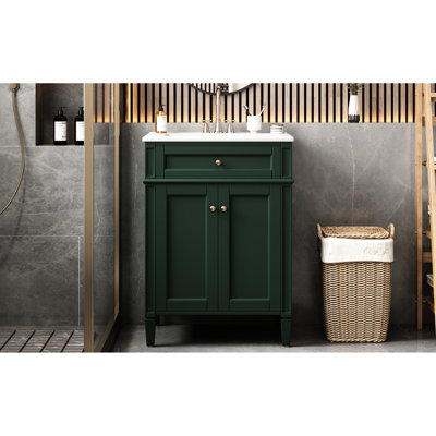 24 meubles-lavabos avec 2 portes et un tiroir, une tablette réglable, un lavabo en céramique brillante, des poignées d'inspiration rétro, des charnières à fermeture en douceur, des organisateurs de rangement intelligents améliorés, un tiroir coulissant en douceur