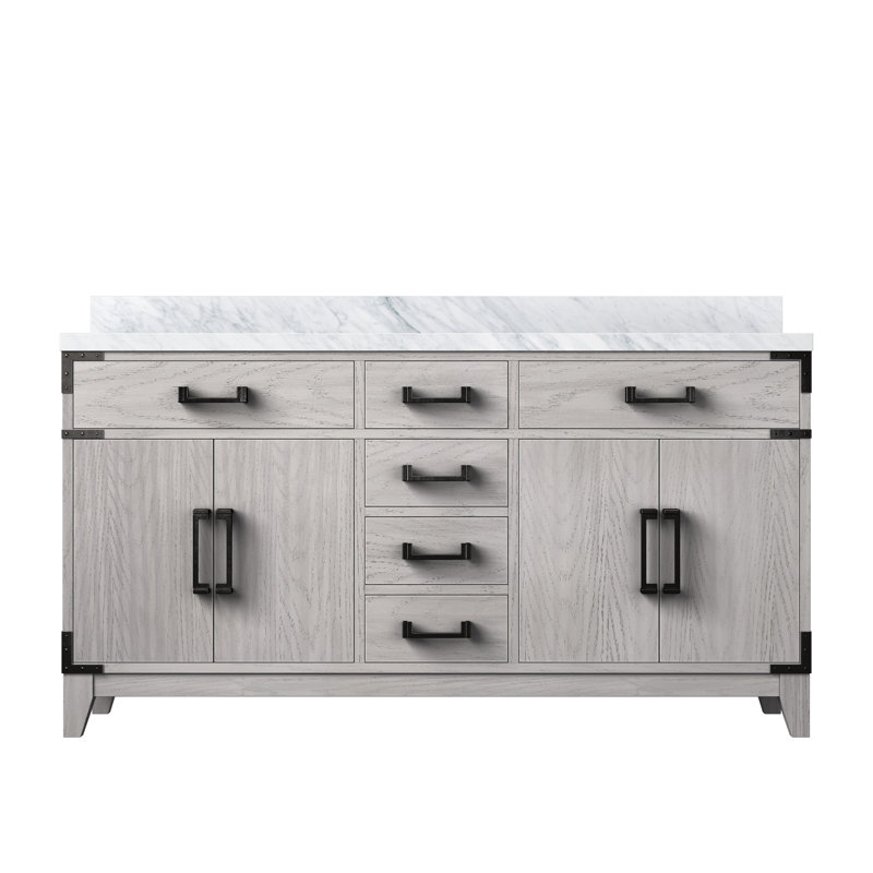 Plateau de meuble-lavabo double l 60 po x P 22 po Laurel, Chêne blanc, Marbre de Carrare blanc