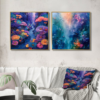 «Blue Coral Sea Floor Symphony III» - art mural corail - ensemble de 2 décorations murales modernes