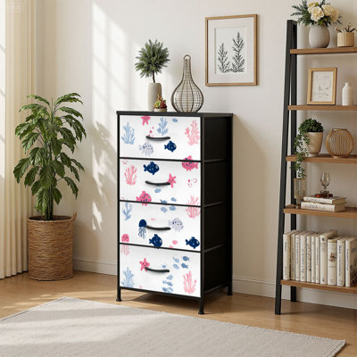 4 Drawer Vertical Storage Dresser Underwater world Funny fish corals marine life Seamless endless Baby with Wood Top Fabric Pull Drawers